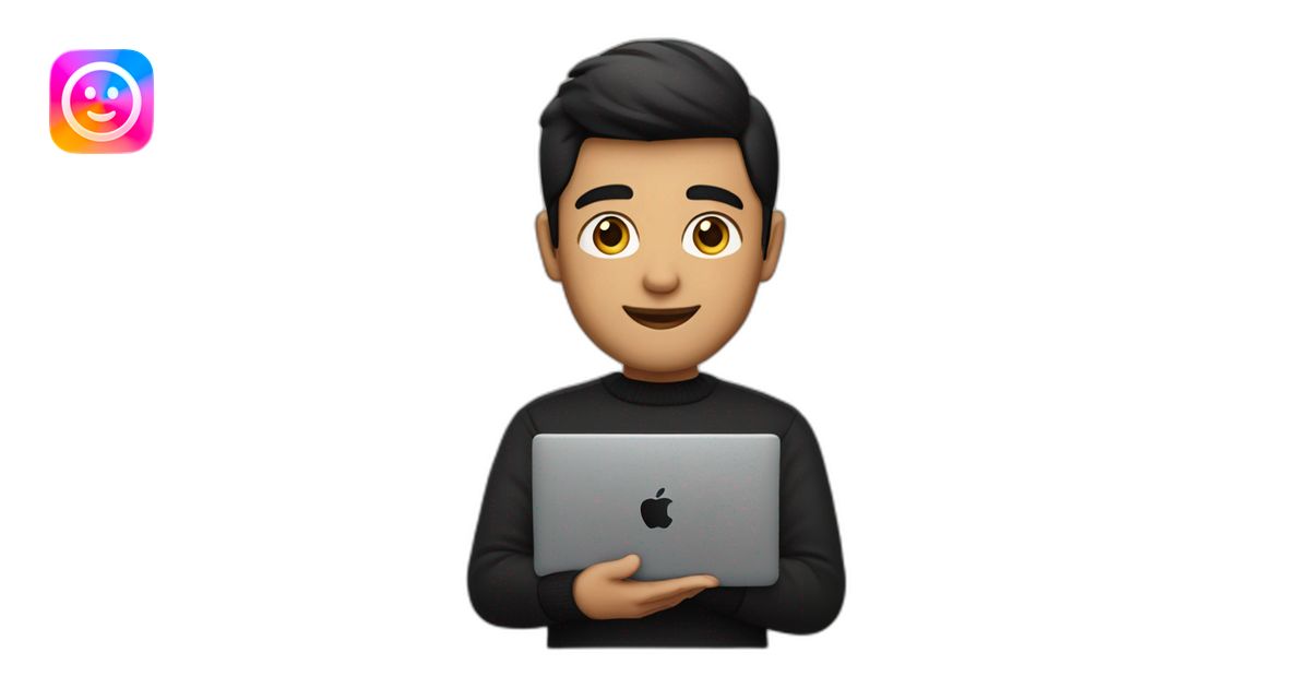 memoji of a man with a laptop in front, apple-style,modern,dark hair ...
