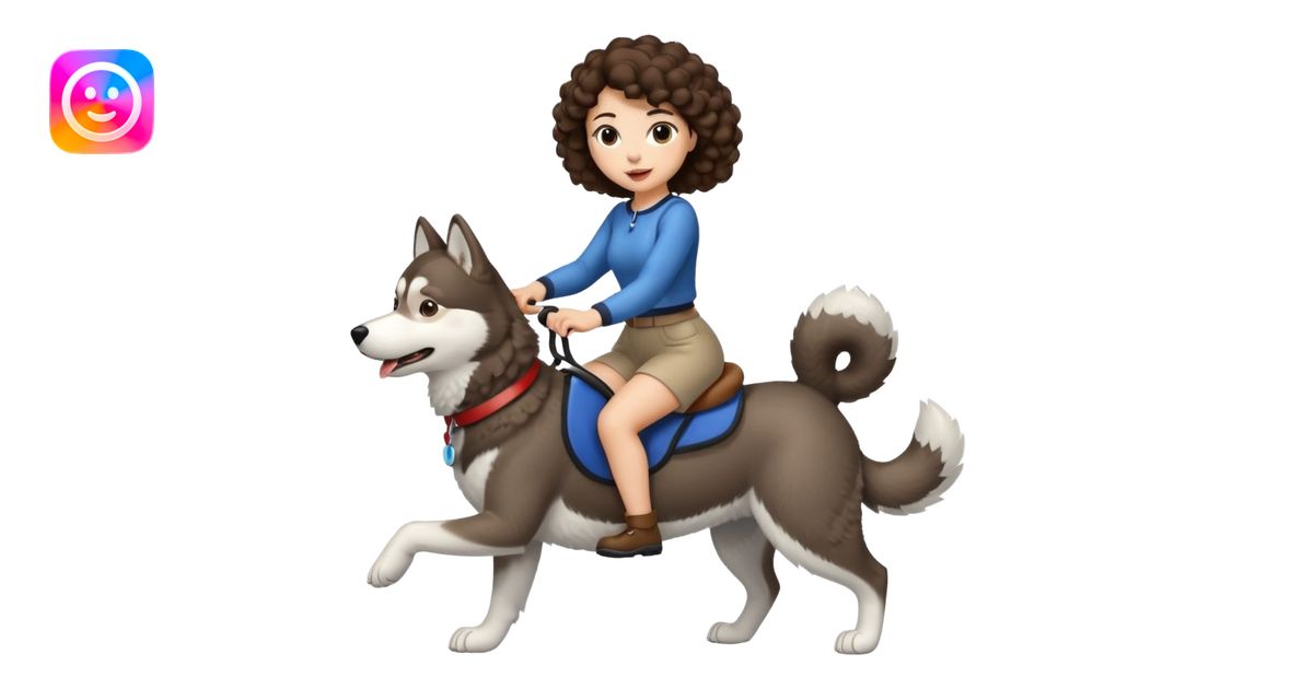 cute woman short tight curly brown hair riding big husky dog emoji | AI ...
