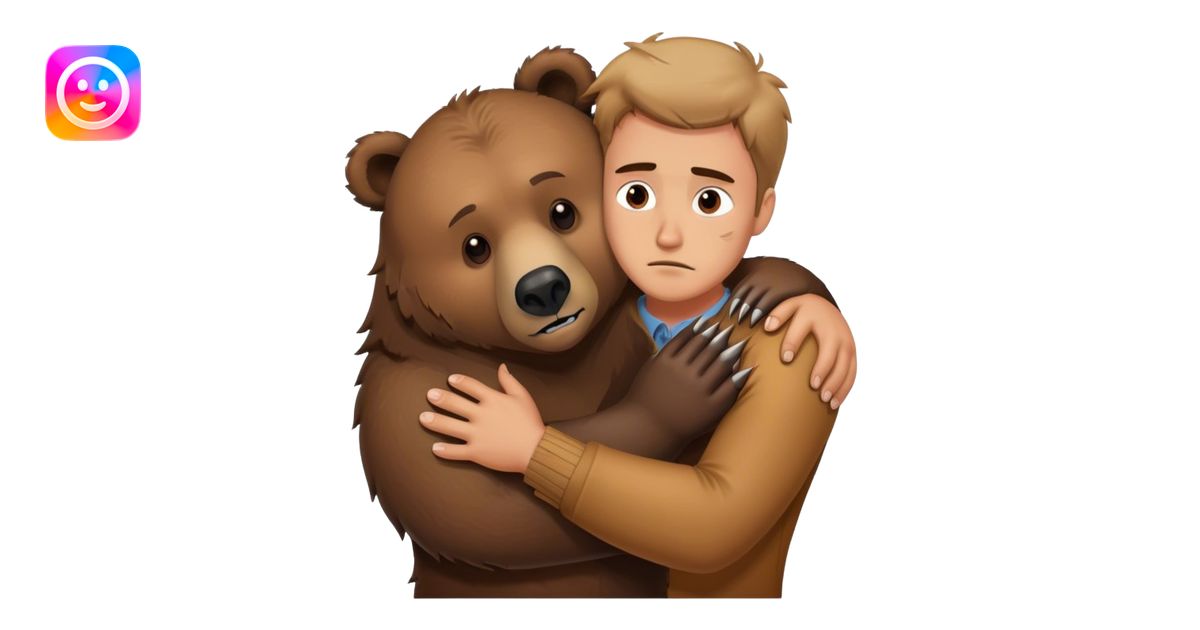 Realistic grizzly bear hugging a sad man emoji | AI Emoji Generator