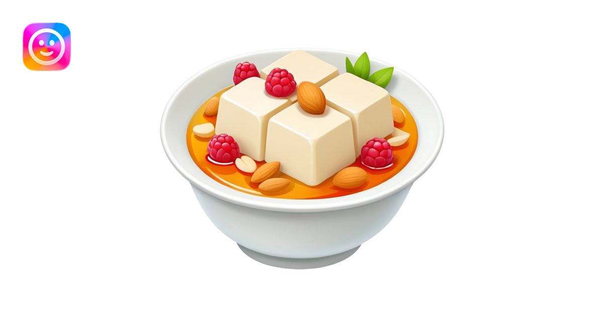 Almond tofu dessert with fruit topping, simplified emoji style with ...