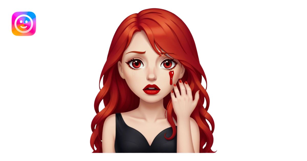 a crying woman with long red hair and red eyes. The woman wear a black ...