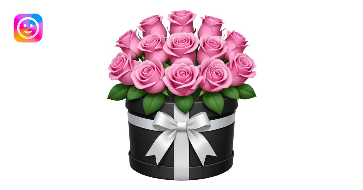 bouquet of pink 15 roses in a round white box emoji | AI Emoji Generator