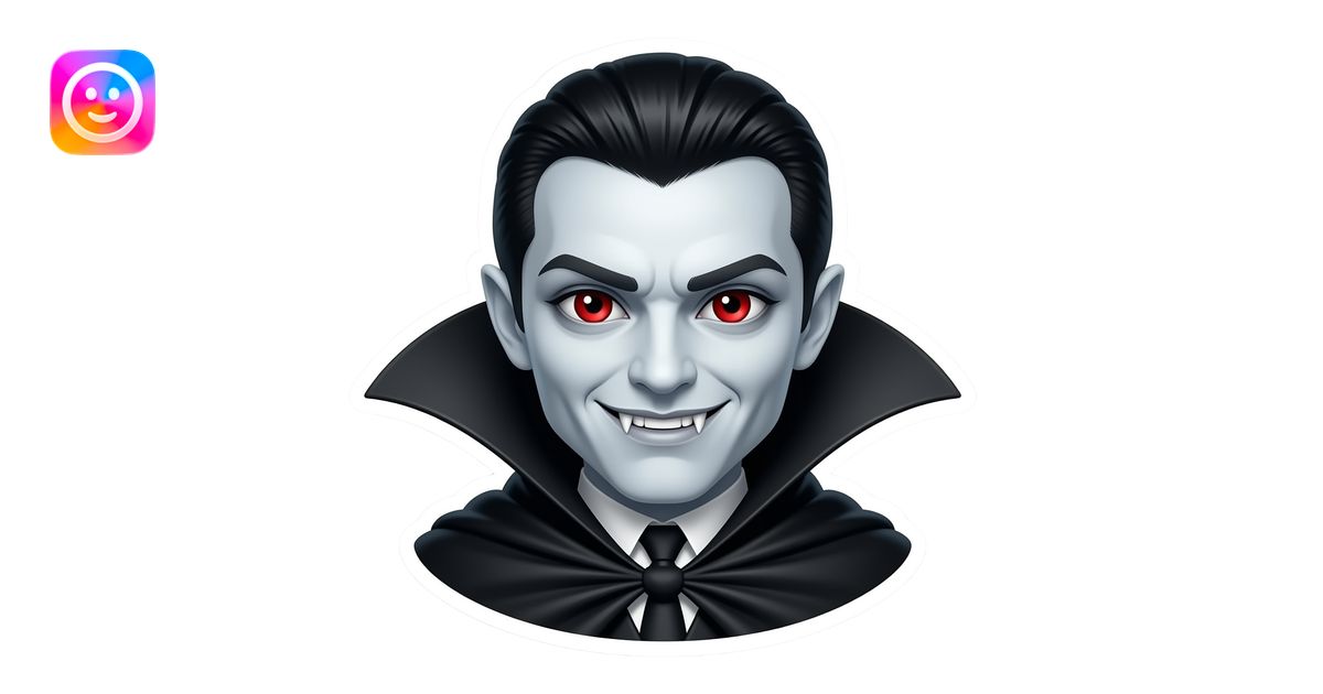 “3D vampire emoji face, charming smirk, tiny sharp fangs, ruby-red eyes ...