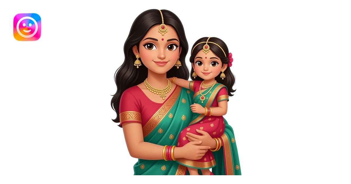 A mother holding daughter in Indian style emoji | AI Emoji Generator