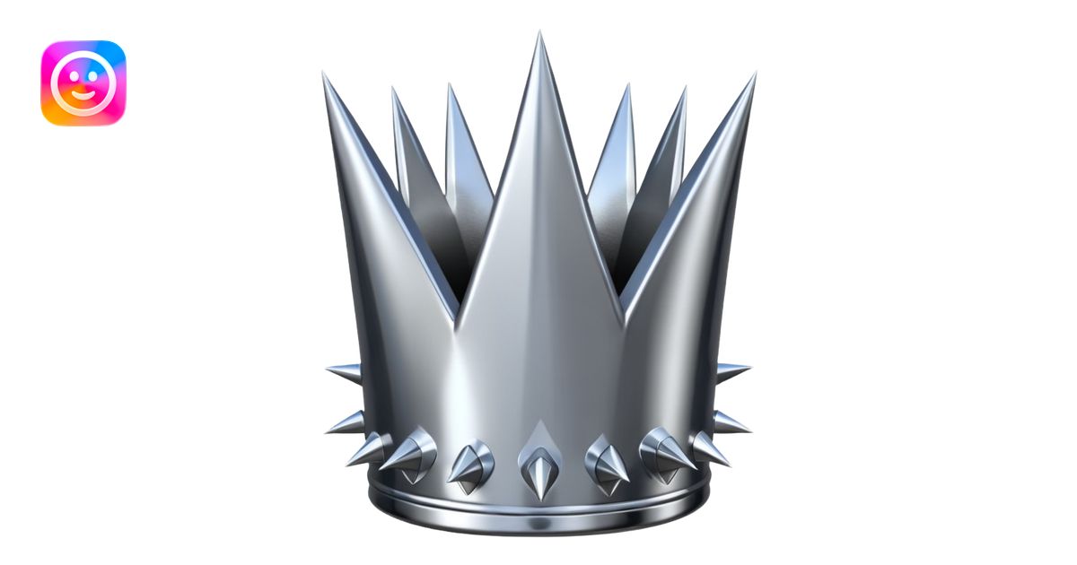 A spiked crown emoji made of silver chrome, sharp yet rounded metallic ...