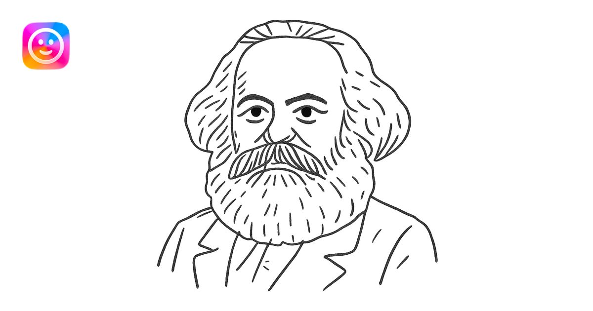 a black outline portrait of Karl Marx based on a famous portrait of him ...