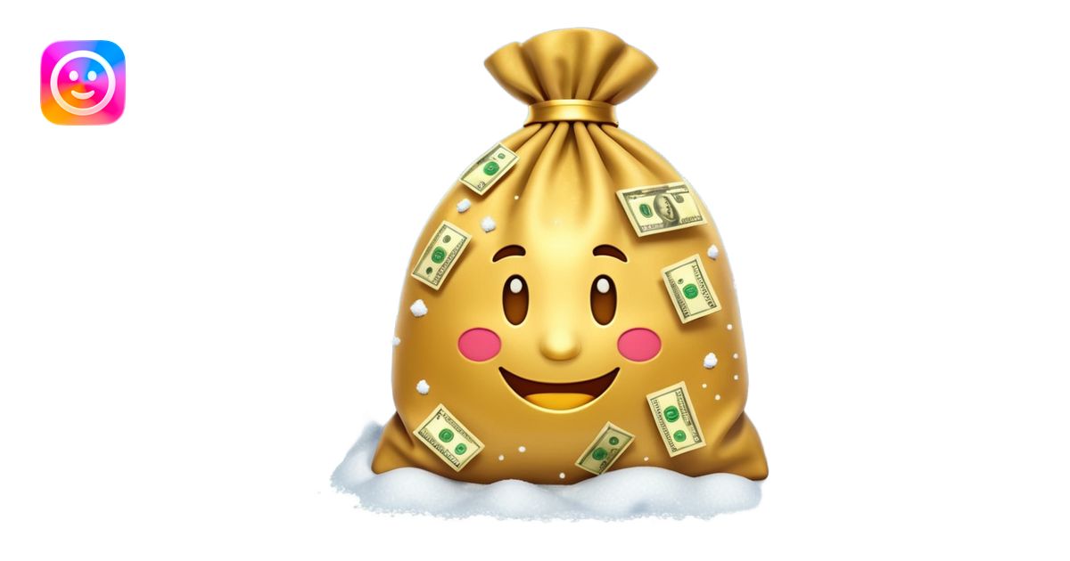 3D emoji style, money bag with dollar bills, New Year theme, snow ...