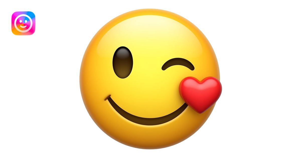 A simple glossy yellow 3D smiley face with one eye winking and a red ...