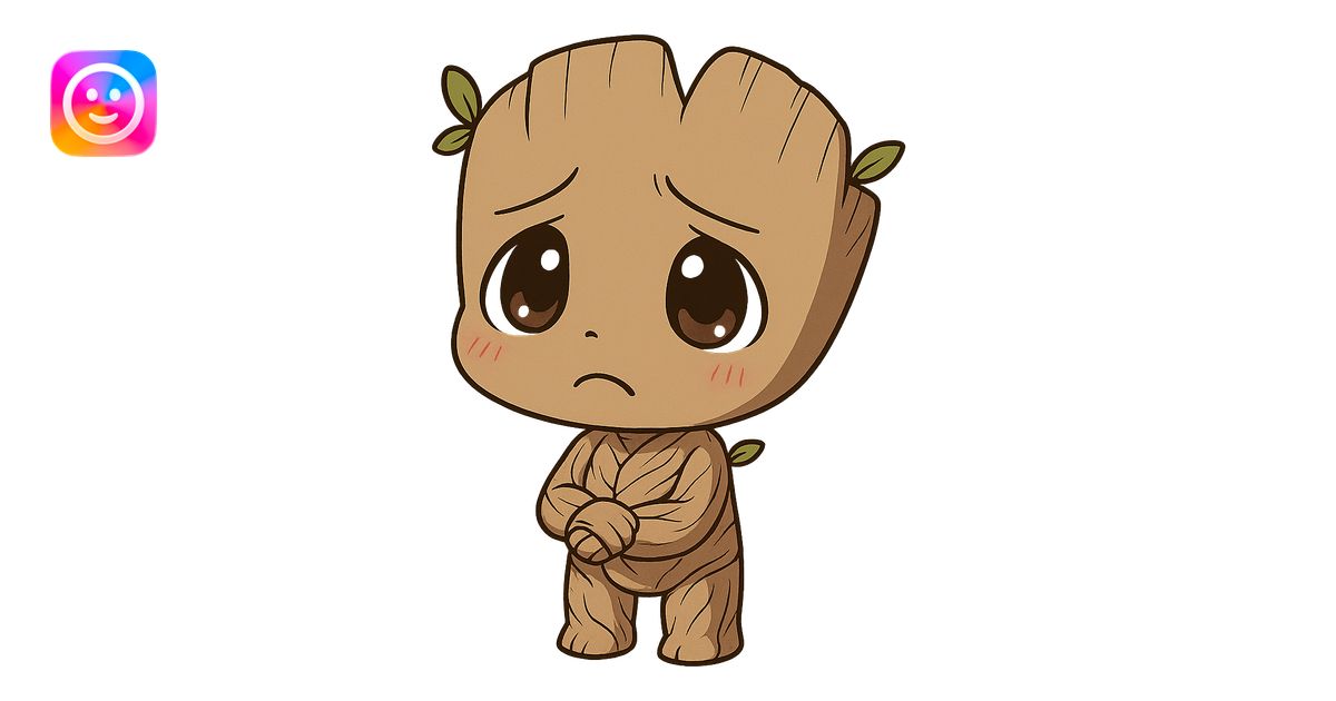 Make Groot more chibi with a sad expression in an anime style. Remove ...