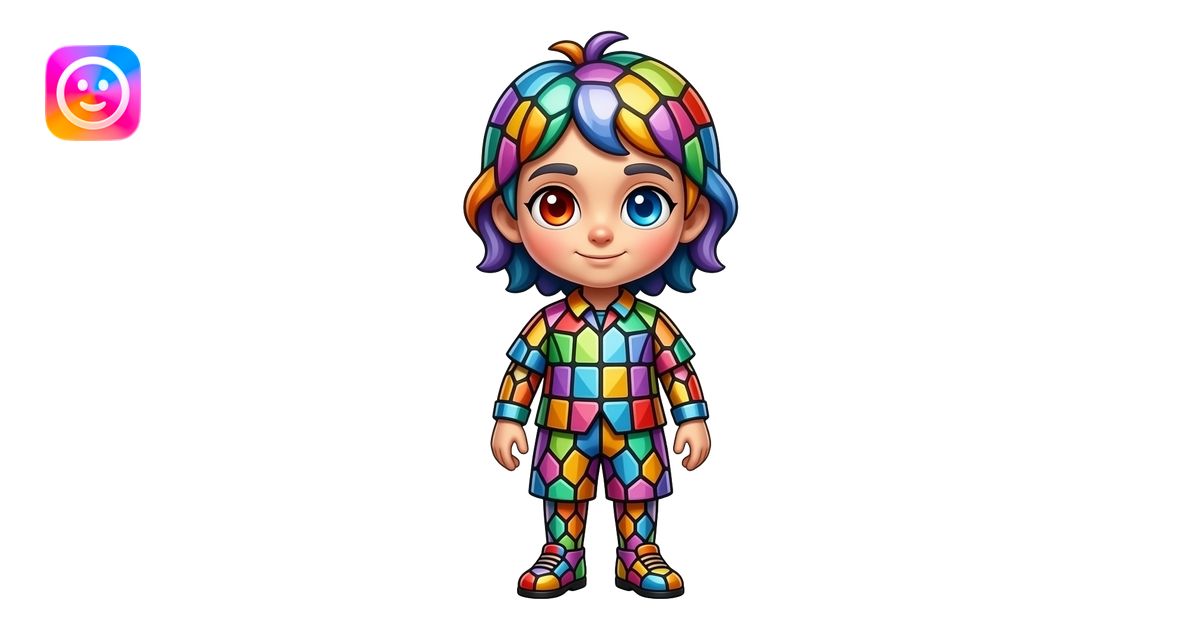 A full-body living stained-glass storyteller with a big head and small ...