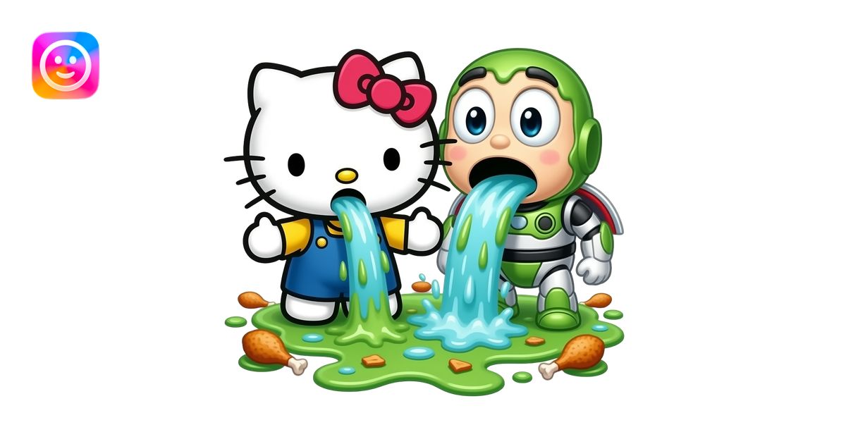 green and white, throwing up, Hello Kitty and Buzz throwing up together ...