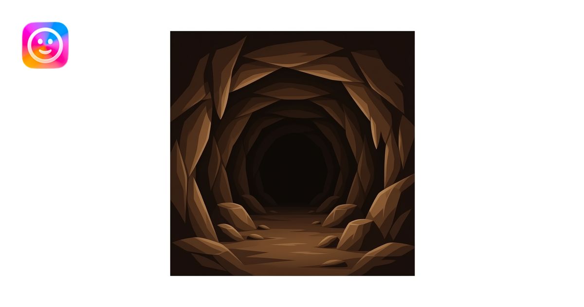 Inside a dark, primitive brown rock cave. Very dim light. Empty, rough ...