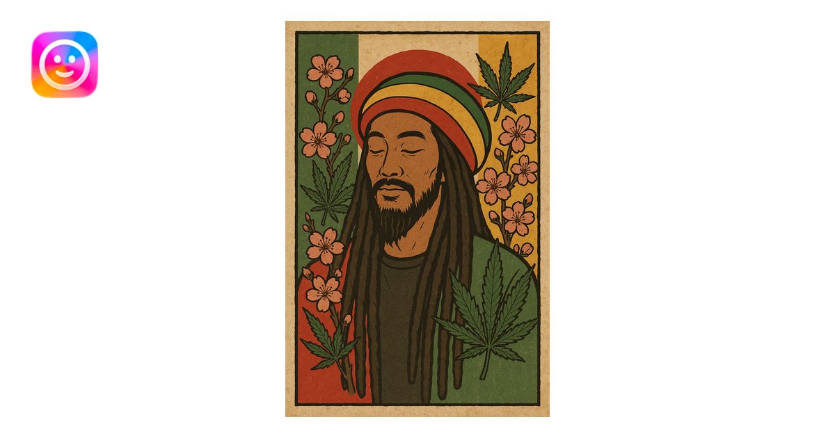 Vintage poster of an Asian Rasta with long dreadlocks, peaceful eyes ...
