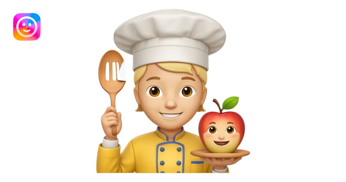 3D cartoon-style chef in the Apple emoji style, wearing a bright yellow ...