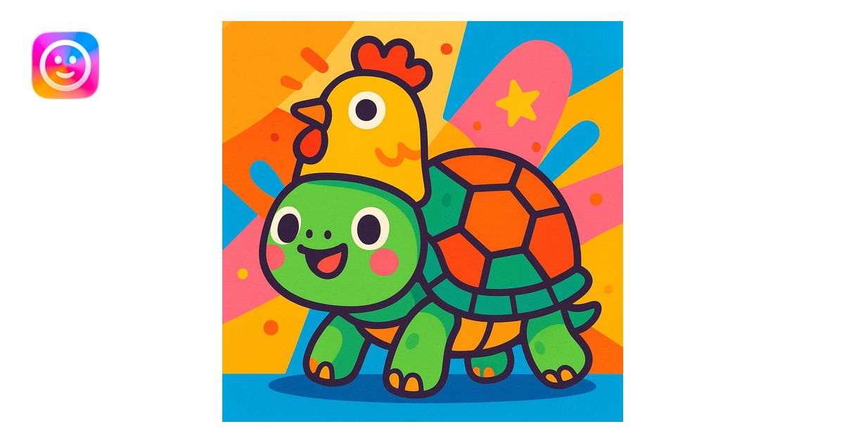 cute turtle with a chicken hat, cartoon style, colorful and playful ...