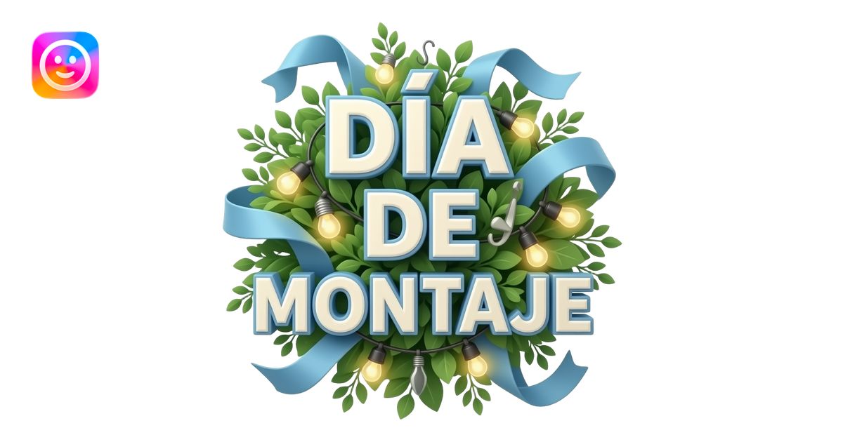 3D emoji of floating “DÍA DE MONTAJE” lettering in ivory with dusty ...