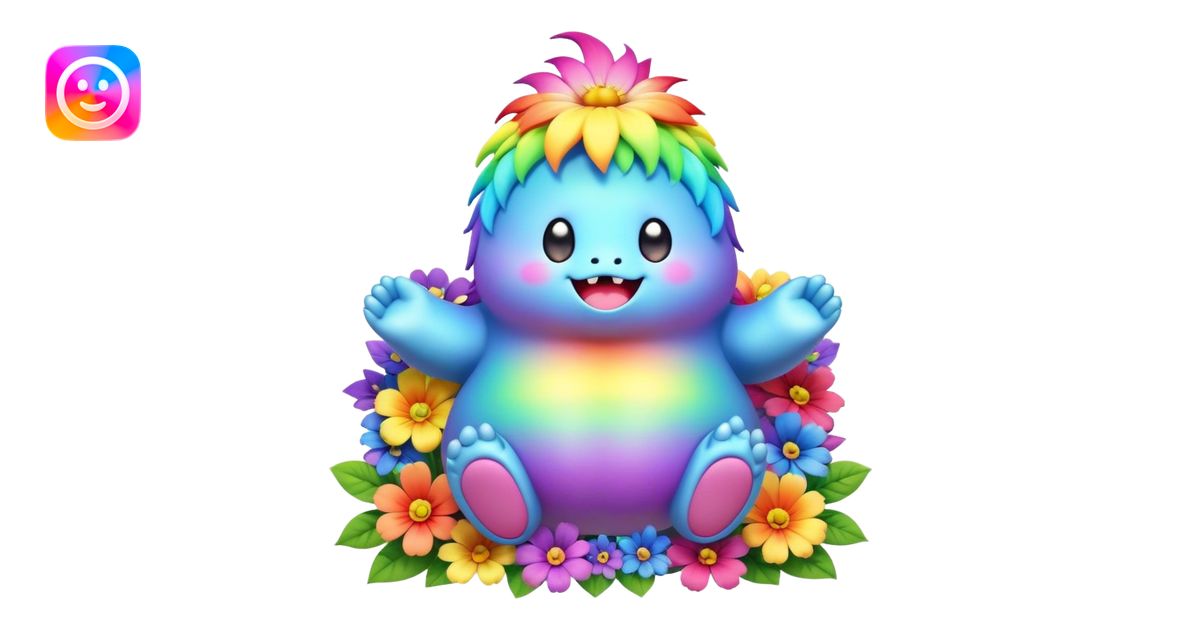 3D, Kawaii derpy fat rainbow monster sitting in a magical rainbow hued ...