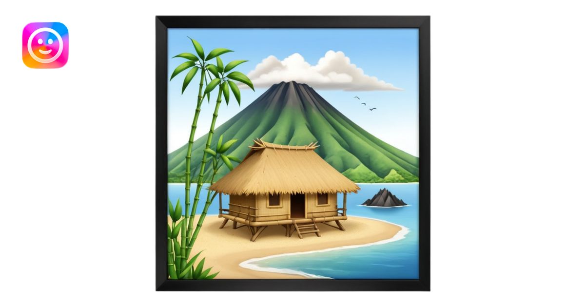 bamboo hut with volcano in the back in Volcano Island emoji | AI Emoji ...