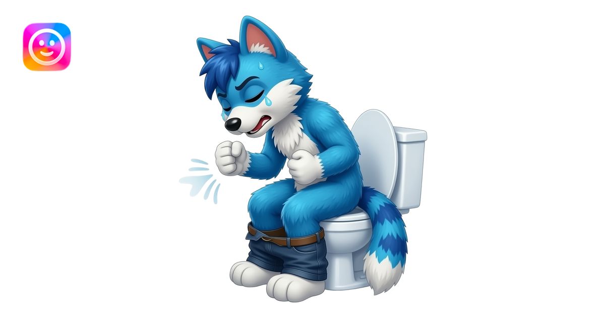 blue fursuit sitting on toilet, side view , pants down, pushing, eyes ...