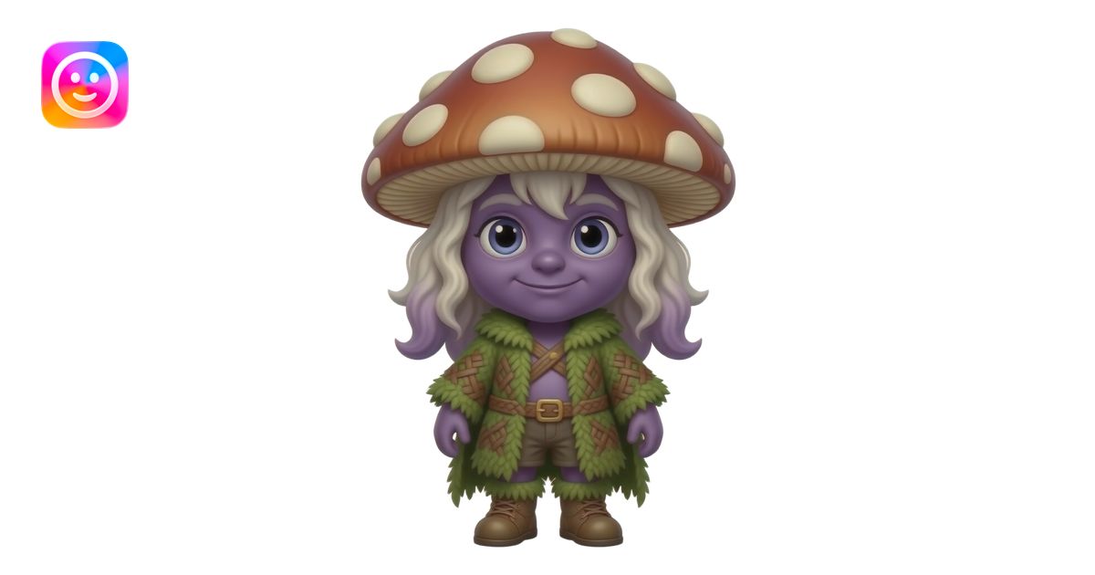 Full body spore druid mascot, mushroom magic, big head, small body ...