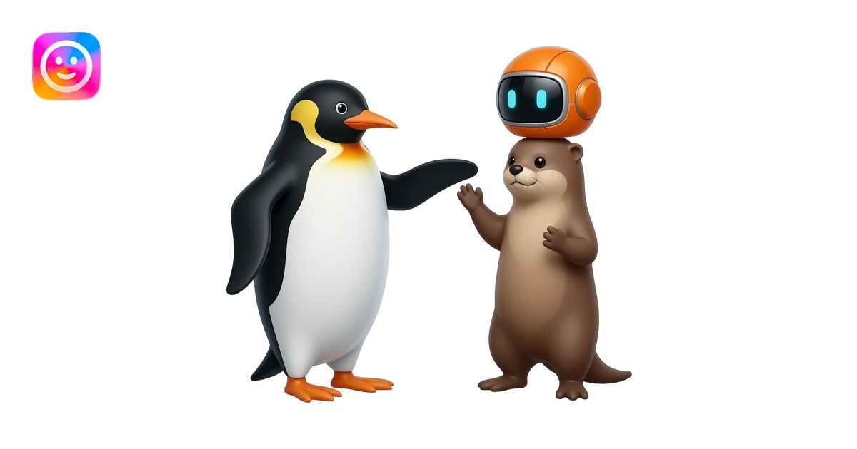 a penguin and an otter together kicking a 3rd character, an orange ...