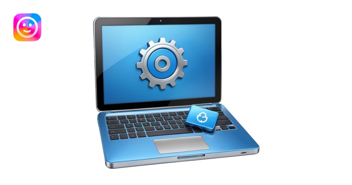 laptop with a play button and gear above emoji | AI Emoji Generator