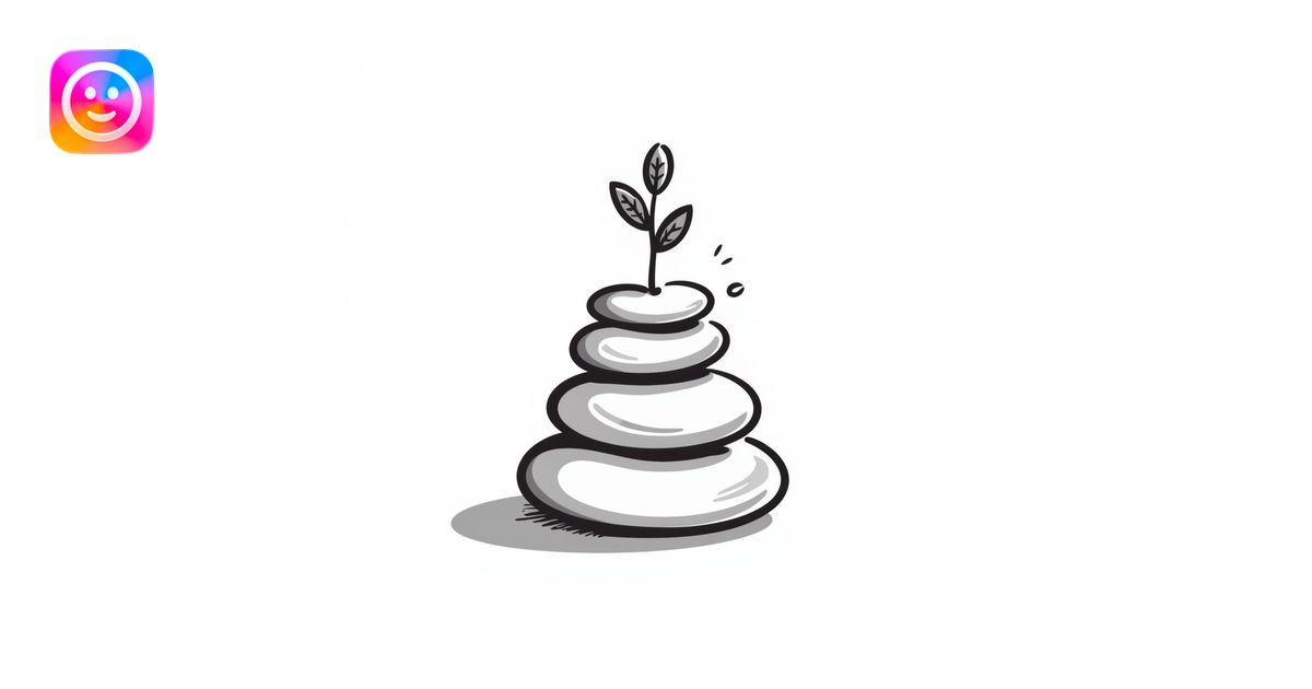 A zen-like balanced stack of smooth stones with a small plant growing ...