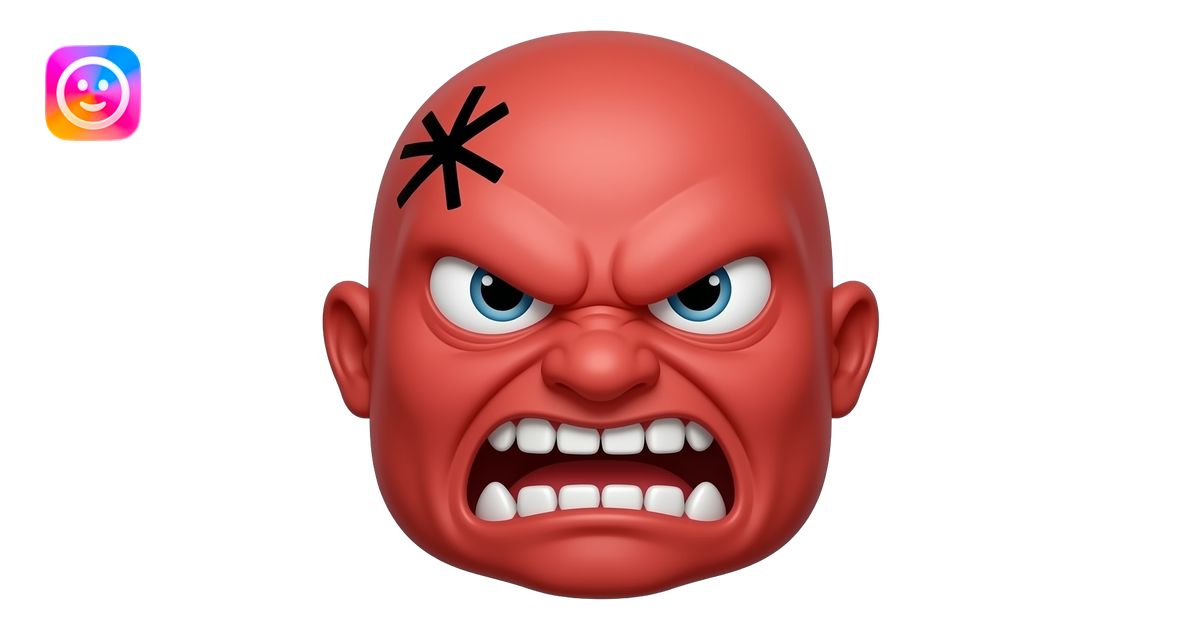 Make a 😀 emoji angry but teeth sharp and skin red and angry a 💢 mark on ...