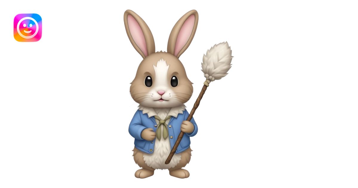A fluffy rabbit with messy fur, carrying a patched little pouch tied to ...