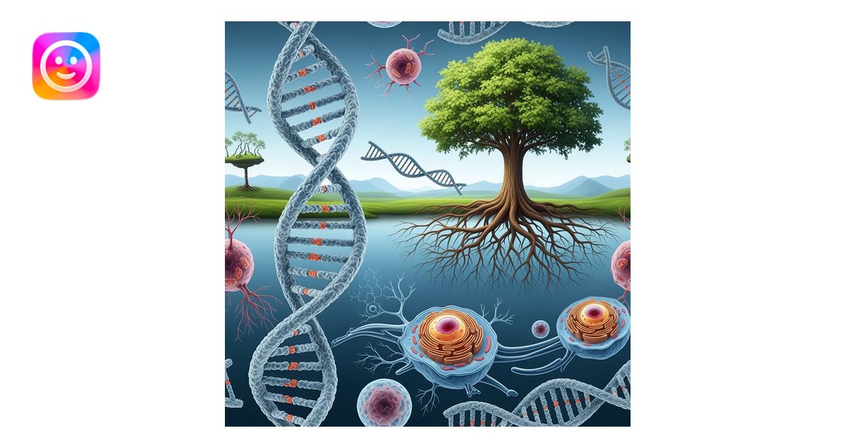 A realistic biological landscape showing: DNA strands transitioning ...