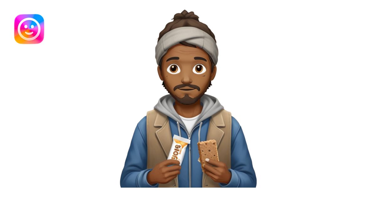 Generate a homeless man asking for money with a protein bar in his hand ...