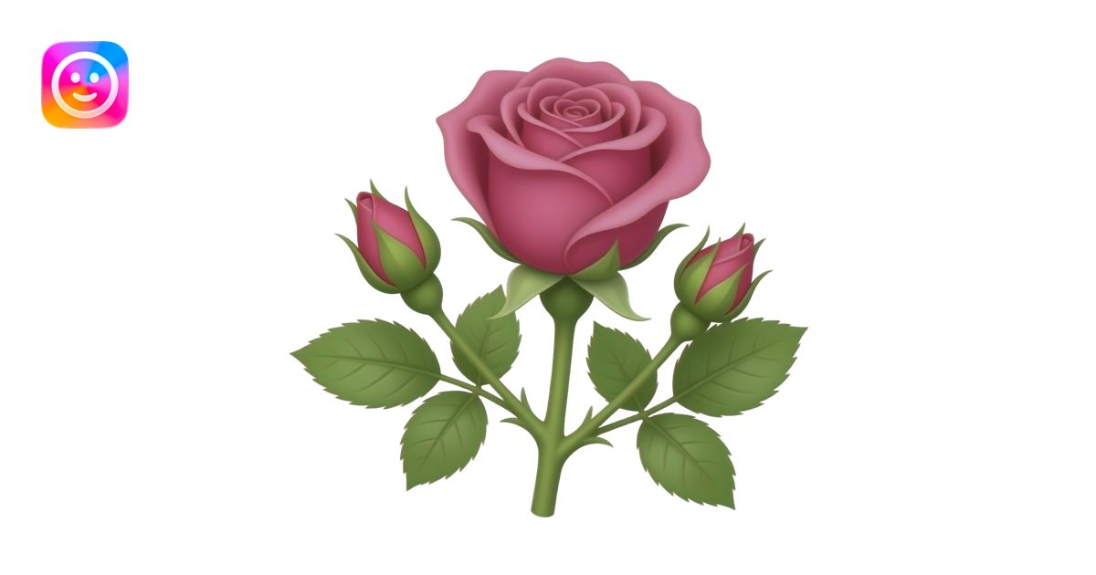 Realistic 3D emoji icon of a small garden rose branch, closed round ...