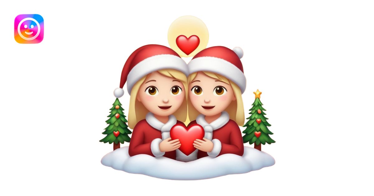 Romantic Christmas emoji illustration, warm glow, soft snow, heart ...