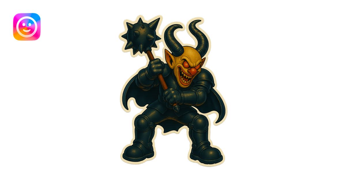 A menacing armored clown with ram horns, holding a mace with an ...