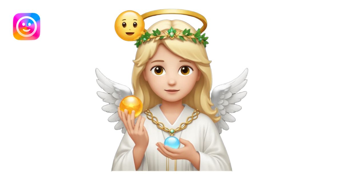 Emoji-style angel: blonde hair, laurel crown, halo, white wings, white ...