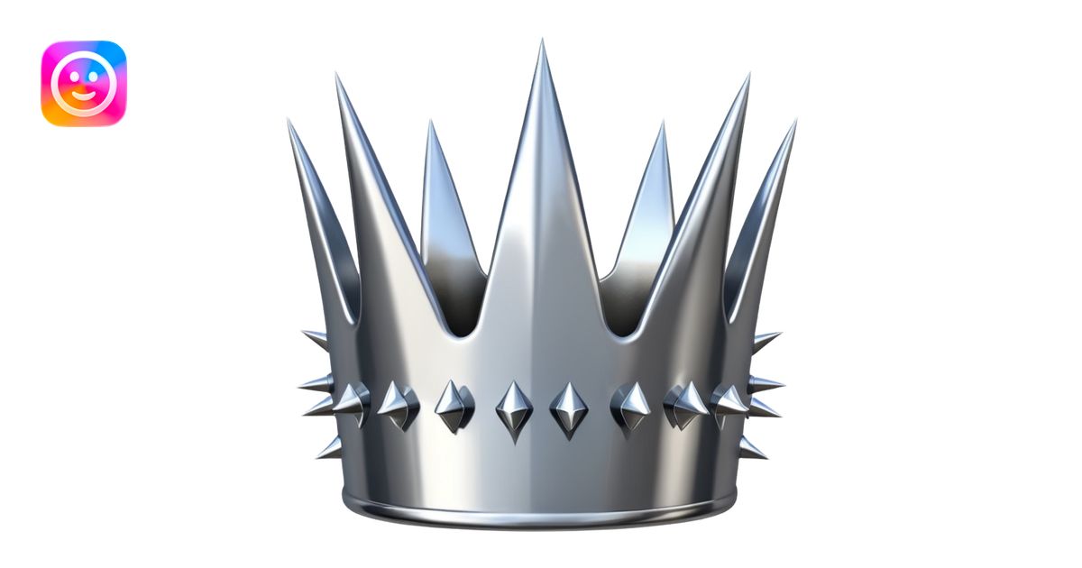 A spiked crown emoji made of silver chrome, sharp yet rounded metallic ...