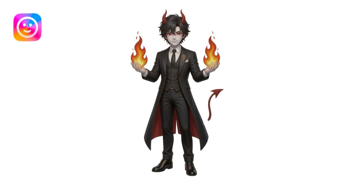 young demonic man with messy black hair, white skin, red eyes, in a ...