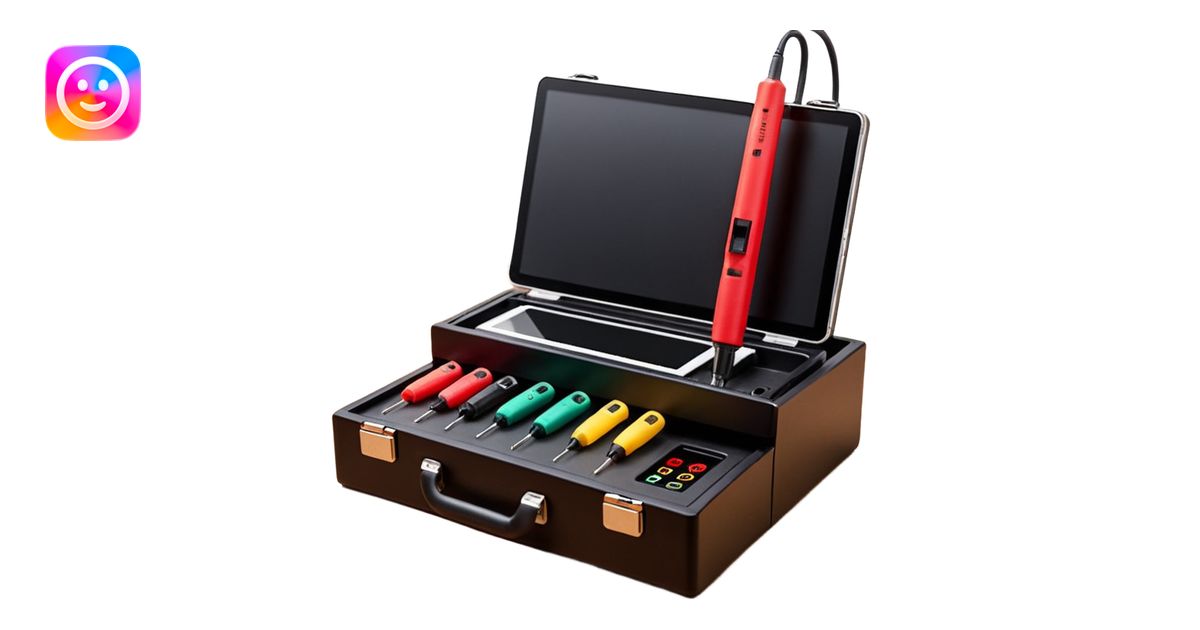 Open professional black testing case on wooden desk. Interior: control ...