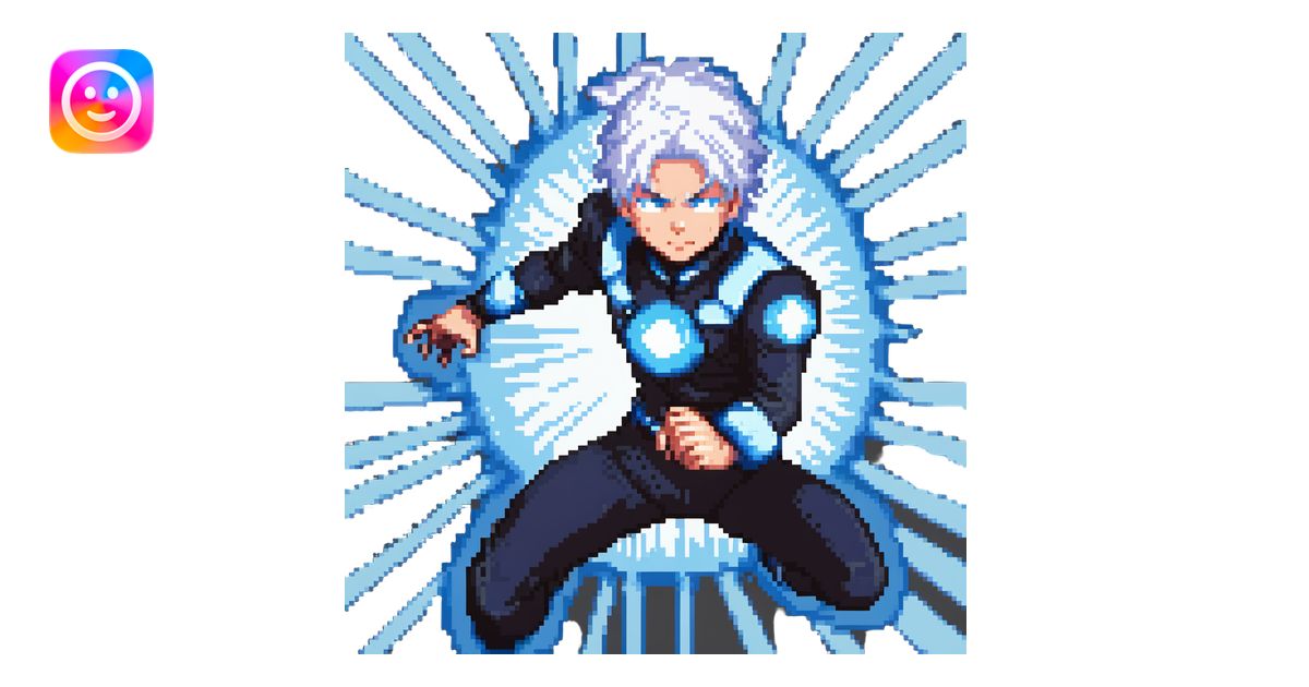 Gojo Satoru, pixel art, action pose, white hair, blue energy effects ...