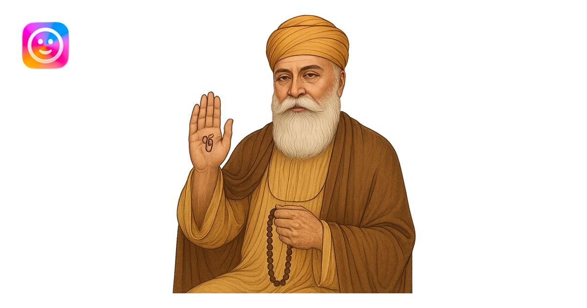 Guru Nanak Dev Ji, blessing with one hand raised, holding prayer beads ...