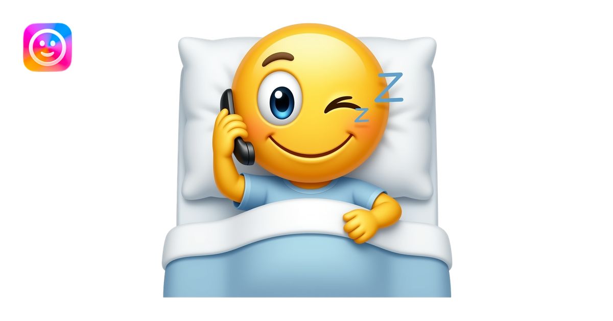 Yellow tired smiley reading phone messages in bed with one eye open ...