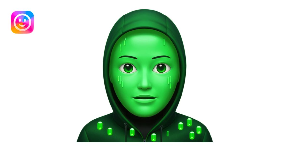 Emoji inspired by The Matrix film, glowing green terminal code forming ...