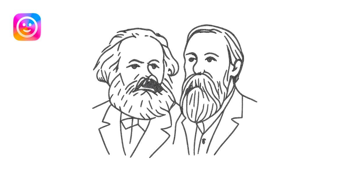 a black outline portrait of Karl Marx and Engels together based on a ...