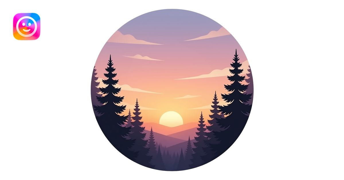 Realistic sunset with silhouetted trees and soft pastel sky, circular ...