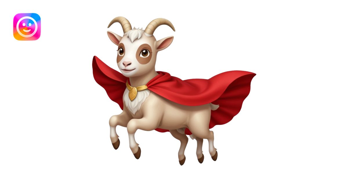 side view of white female goat wearing a read cape like superman emoji ...