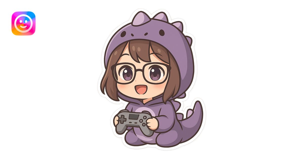 chibi anime style gamer girl with glasses, brown hair, dark purple eyes ...