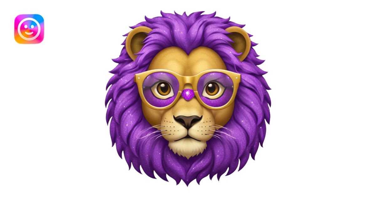 Leão adulto com oculos roxo com glitter emoji | AI Emoji Generator