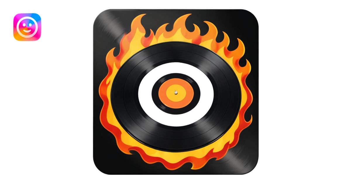 a black vinyl record on fire with a white center sticker emoji | AI ...
