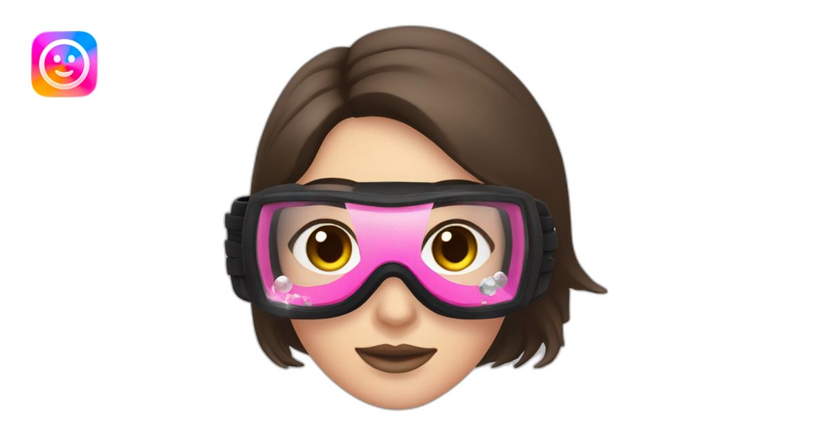 woman with brown eyes, large and straight brown hair, pink diving mask ...