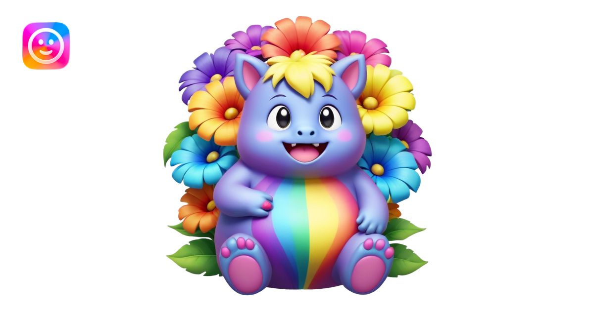 3D, Kawaii derpy fat rainbow monster sitting in a magical rainbow hued ...
